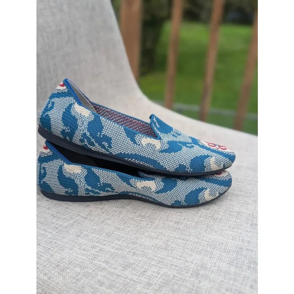 Rothy's Blue White Patterned Flats with Red Accents - Picture 5 of 9